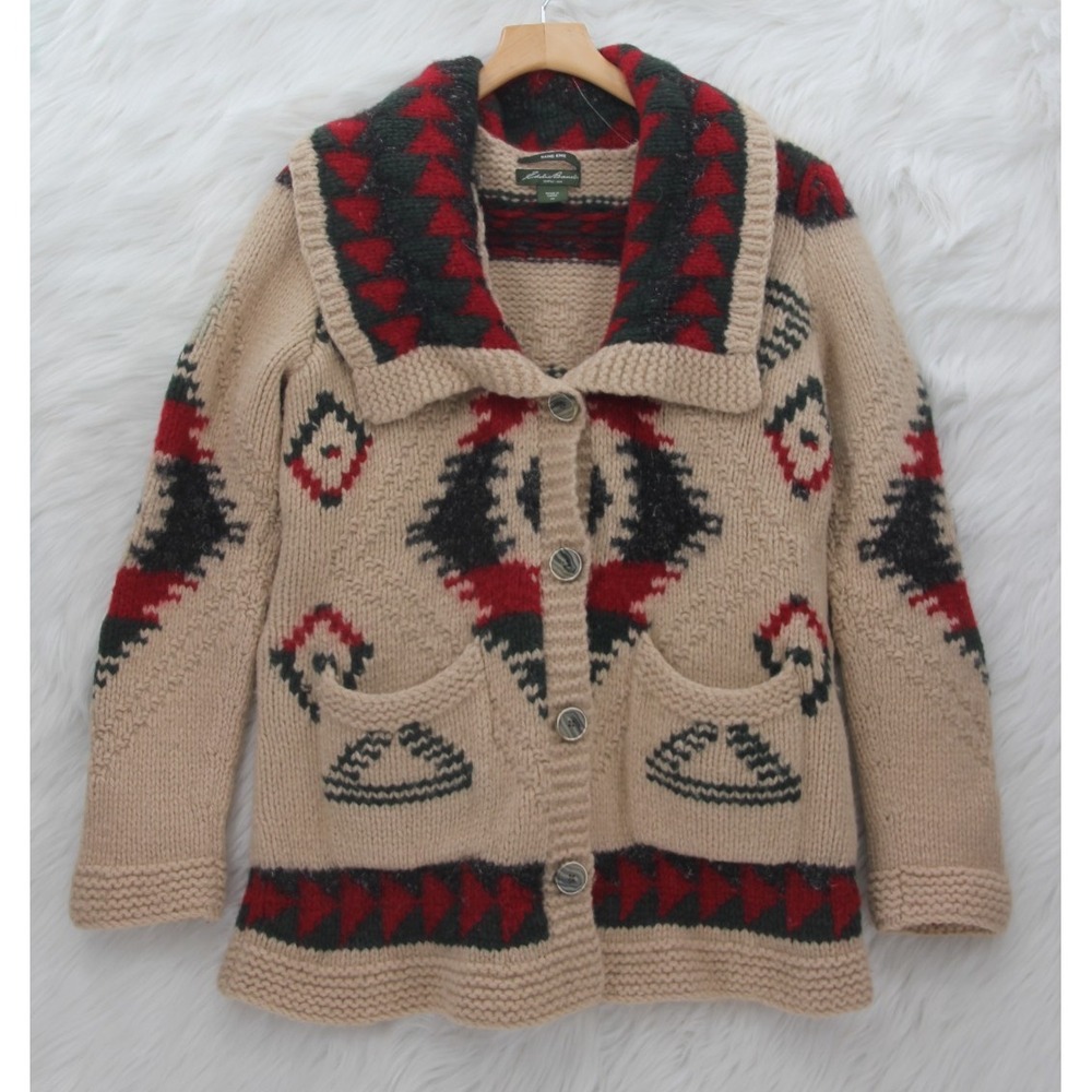 Eddie Bauer Beige Red and Black Navajo-Inspired Shawl Collar Cardigan